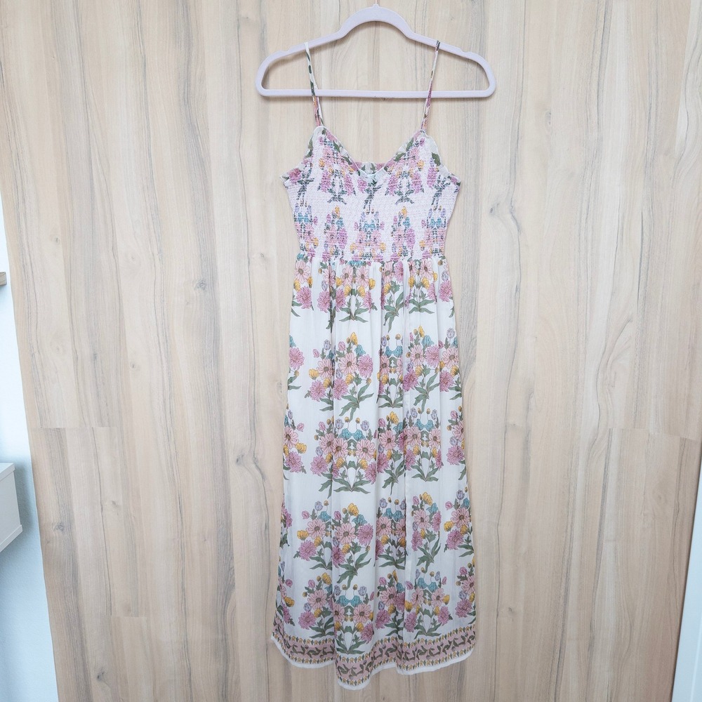 Patrons of Peace Floral Maxi Dress M White Pink Smocked Boho Cottage Prairie